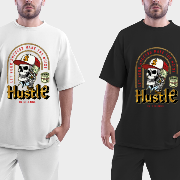 T-shirt Streetwear Oversize "Hustle in Silence" – Grafica Scheletro, Moda Urbana, Stampa di Alta Qualità